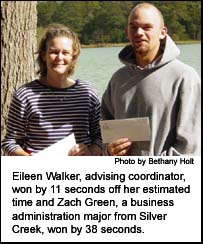 Eileen Walker, advising coordinator, won by 11 seconds off her estimated time and Zach Green, a business administration major from Silver Creek, won by 38 seconds.